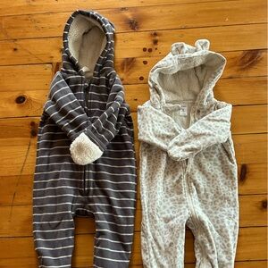 Set of (2) Baby Hooded Sherpa Jumpsuits / Footies